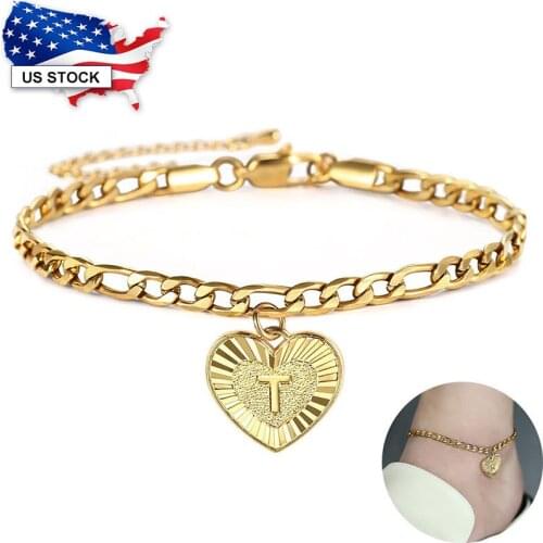 Womens Anklet 5mm Heart Shaped Initial A Z Letter Charm Anklet for Women Stainless Steel Gold Color Figaro Link Chain LKA16A
