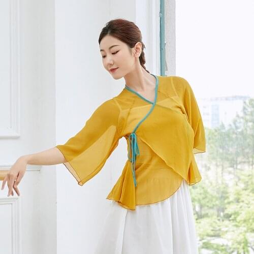 Adult Sexy Chiffon Crepe Belly Dance Transparent Blouse Sheer Mesh Wrap Side Tie Top Shirt Fairy Costume for Women Dance Clothes