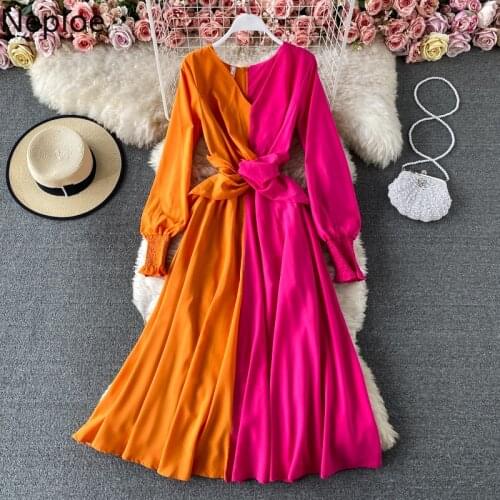 Neploe Maxi Dresses for Women 2021 Spring Robe Beach Style Slim Fit Elegant Vestidos Mujer Contrast Color Patchwork Dress 95013