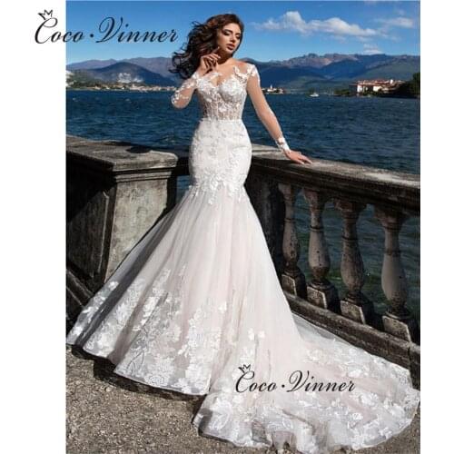 See-through Long Sleeves Appliques Mermaid Wedding Dresses Embroidery Button Ivory Tulle Train Vestido Novia Negro W0578