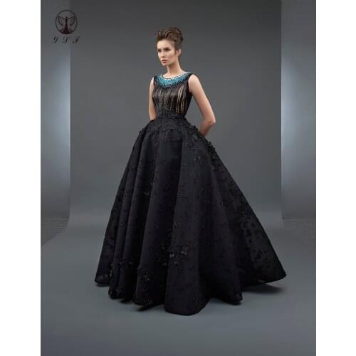 Eelgant Vestidos De Fiesta Black O Neck Beaded Stones Heavily Sleeveless 3D Flowers Floor Length Evening Dresses