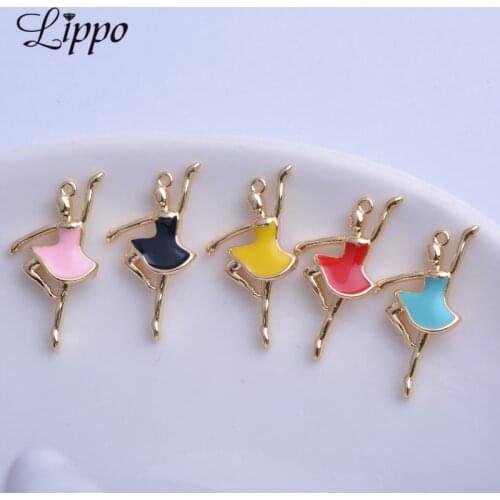 20pcs Copper Gold Color High Quatily Enamel Dancing girl charms Dripping oil Ballet Doll Pendant DIY Jewelry Necklace Making