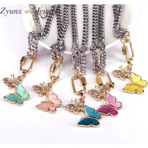 5PCS, Micro Pave CZ Butterfly Pendant Necklace for Women Party Statement Necklace Fashion Cuban Chain Necklace Jewelry Gifts