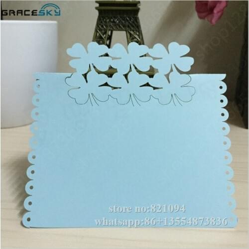 50Pcs free shipping laser cut Lucky Four Leaf Clover Paper Wedding Invitation Seat Name table Cards for party home Decoration
