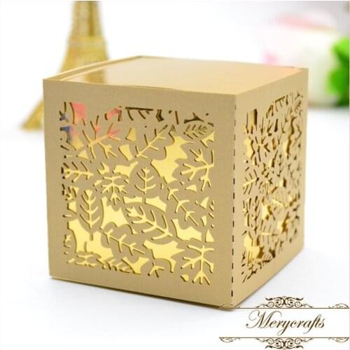 50pcs/Lot Leaves Pattern New Design Shiny Paper Square Sleeve Box Party Decoration Candy Laser Cut Favor Box