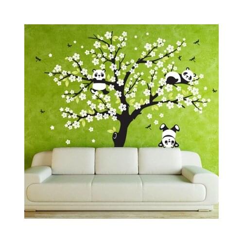 Panda and Peach Blossom Tree Large Wall Stickers Living Room Bedroom Background Hand Painted Carved Wall Decoration Wallpaper