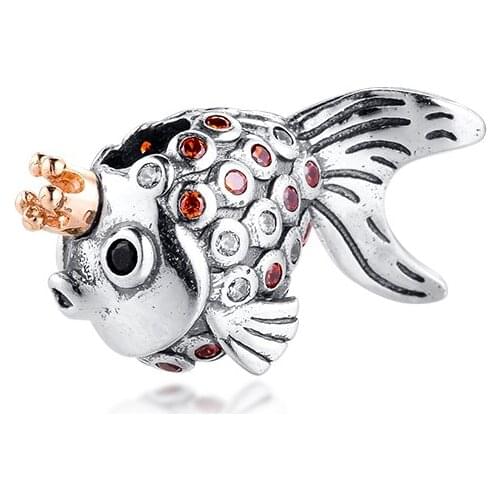 DIY Fits For Pandora Bracelets Gold Fish Charms with 14K Real Gold Crown 100% 925 Sterling Silver Beads Jewelry Free Shipping