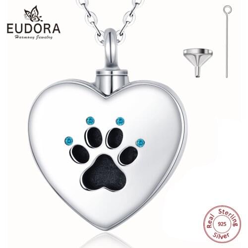 Eudora 925 Sterling Silver Cat Dog Footprint Heart Pendants Keepsake Heart CZ Locket Necklace Cremation Memorial Urn Jewelry 012