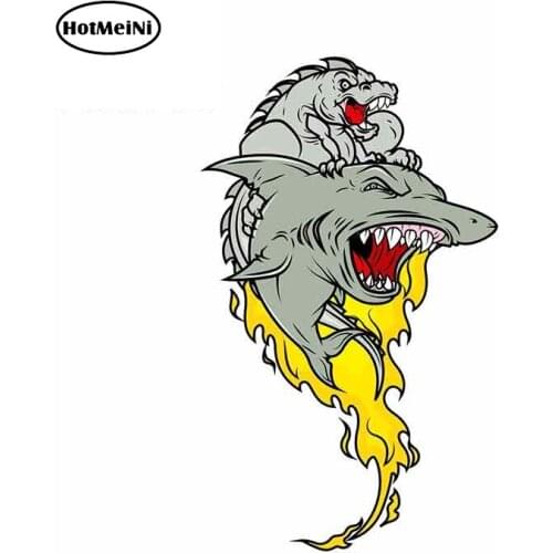 HotMeiNi 13cm x 7.8cm Funny Car Stickers of Dinosaur Riding A Shark Graphics Laptop ATV Vinyl Car Wrap Decals Car Accessories