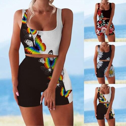 Two Piece Set Women Sleeveless Seamless Ribbed Crop Tank Gym Set Women Workout High Waist Shorts Printing Yoga Suit Clothing