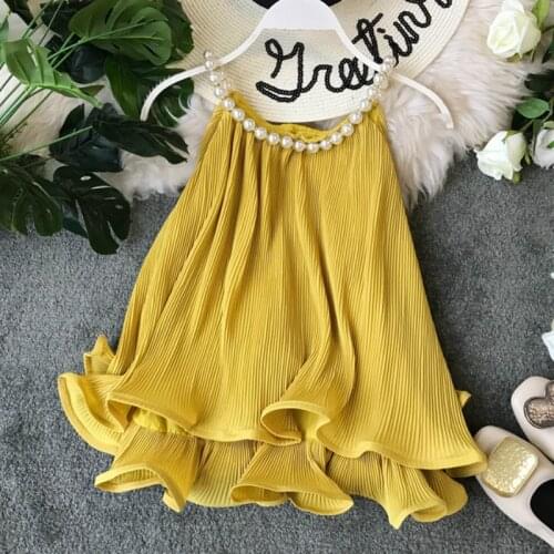 Sexy Women Chiffon Halters Ruffles Pearls Vest Shirts Sexy Beading Double Layers Lotus Blouses Pleated Jumpers Tank Tops Blusas