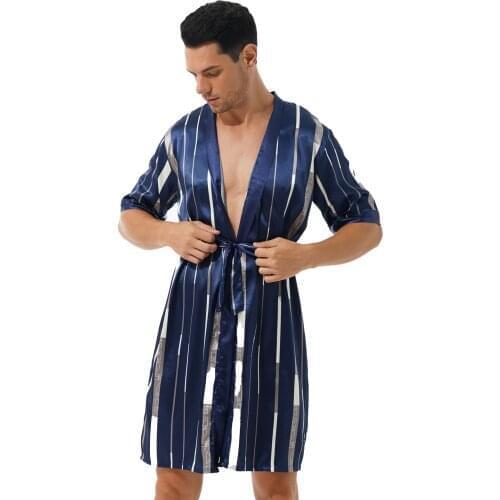 Men Striped Pijamas Fashion Letter Print Satin Open Front Bathrobe Breathable Underwear Short Sleeve Belted Night-robe Nightwear