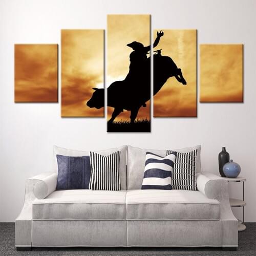 Wall Art HD Prints Posters 5 Pieces Bull Rider at Sunset Landscape Canvas Painting Wall Pictures for Living Room Home Decor
