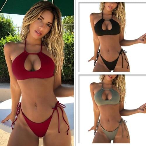 New Sexy Strappy Bandage Bikini Women Solid Swimsuit Padded Micro Bikini Girl Halter Swimwear Bandeau Bathing Suit Thong Bikini
