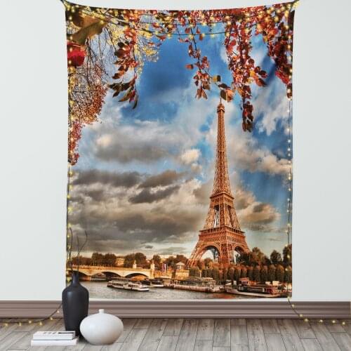 Paris Tapestry Eiffel Tower in Autumn Season Fall Satin Fabric Wall Hanging for Bedroom Living Room Dorm Meeting Background