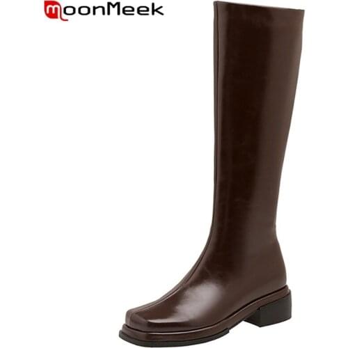 MoonMeek Cow Leather Boots Fashion Hot Sale Female Winter Shoes Zipper Square Heels Knee High Boots Comfortable Ladies Boots