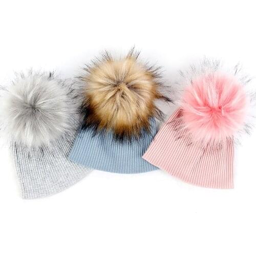 Multicolor Faux Fur Pompom Beanies Baby Hats Soft Stripe Knitted Caps Candy Color Newborn Baby Girls Boys Ribbed Cotton Caps