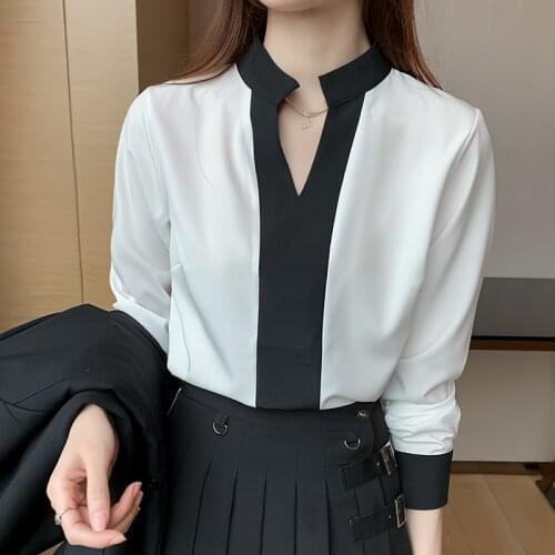 Chikichi Chiffon Shirt Women 2020 New V-neck Collision Color Design Sense Niche OL Commuter Long Sleeve Blouse