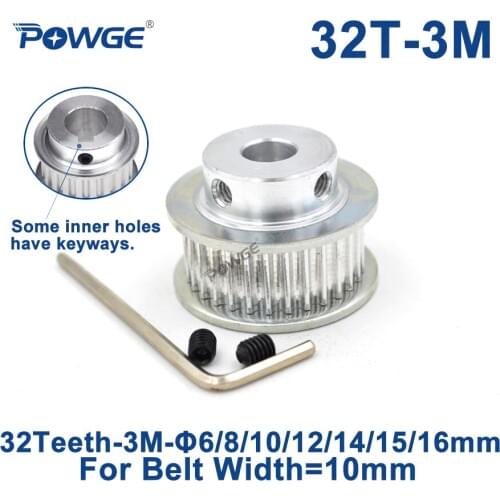 POWGE 32 Teeth 3M Timing Pulley Bore 6/8/10/12/14/15/16mm keyway for Width 10mm HTD 3M Synchronous belt HTD3M pulley 32Teeth 32T