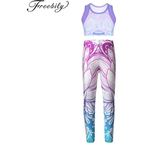 Colorful Kids Girls Tracksuit Sleeveless Sportswear Tie-Dye Tanks Crop Top + 3D Digital Printed Pattern Skinny Leggings Trousers