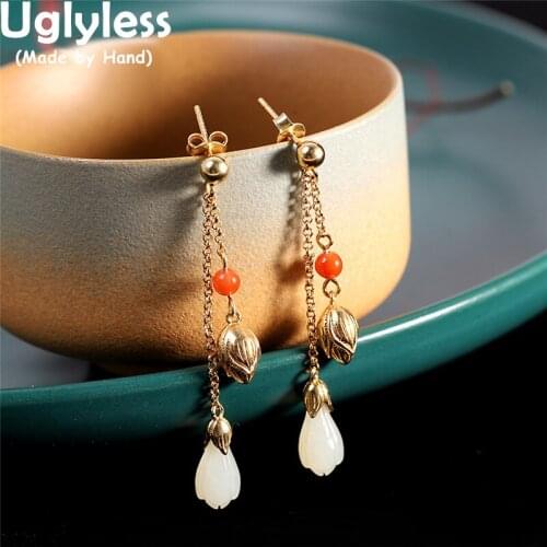Uglyless Summer Fashion 2-Layer Tassels Earrings for Women Natural Jade Magnolia Earrings 925 Silver Brincos Lotus Buds Jewelry
