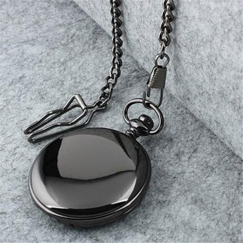 Vintage Black Smooth Quartz Pocket Watch High Quality Simple Polish Fob Clock Unisex Gift With Necklace 2020