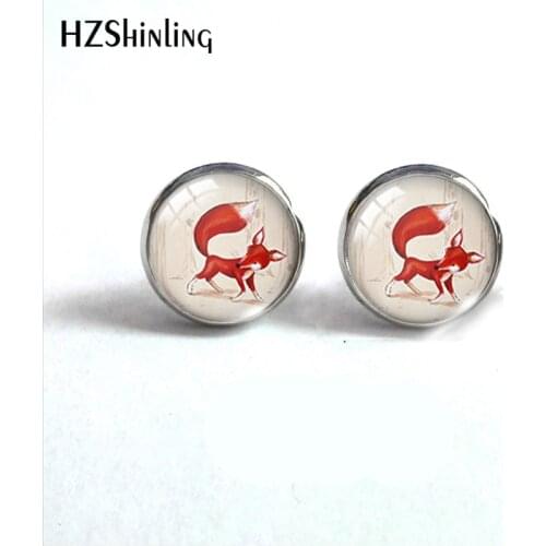 Vintage Fox Picture Galss Cabochon Stud Earrings Animal Red Fox Handmade Jewelry Round Earrings Gifts for Girls