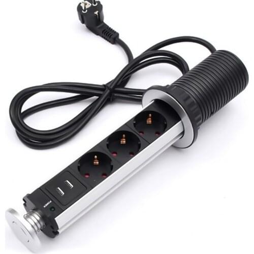 Besegad Pop-up Electrical Power Socket Outlet 3 Socket 2 USB Charging Port for Kitchens Offices Table Desk Countertop EU Plug