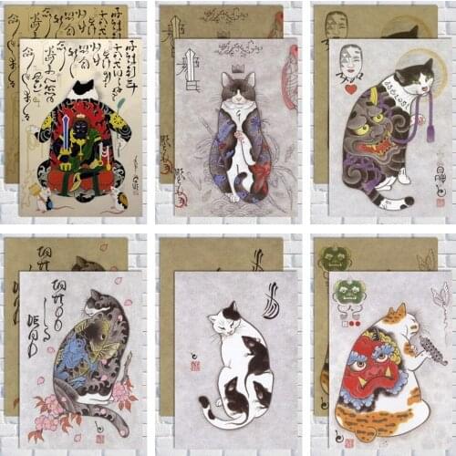 Japanese samurai cat tattoo cat retro poster vintage wall art printed painting living room bedroom decor wall stickers