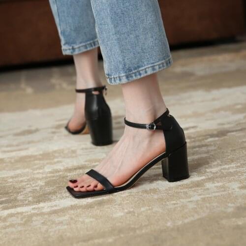 Osunlina Lady Sandals Genuine Leather Buckle Strap Square Toe 7cm Heels Footwear Handmade Elegant Concise Shoes 2021 Summer