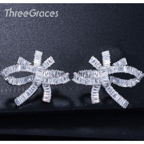 ThreeGraces Exquisite Bowknot Shape Cubic Zirconia Crystal Big Geometric Earrings White Gold Color Jewelry for Women ER187