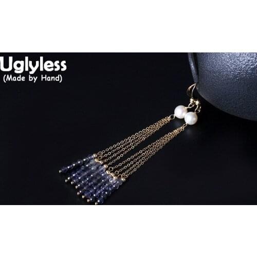 Uglyless Real S 925 Sterling Silver Women Ethnic Chains Tassels Earrings Natural Pearls Brincos Exotic Crystals Beading Jewelry