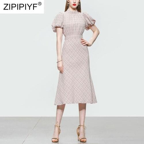 2021 Summer Runway Fashion Stand Neck Short Puff Sleeve High Waist Noble Desig Floral Printing Casual Women Long Dresses Z078