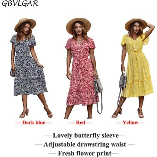 GBVLGAR Women Short Sleeve V-neck Flower Dress Summer Floral Print Midi Dresses Summer Butterfly Sleeve Dress Vestidos 2021