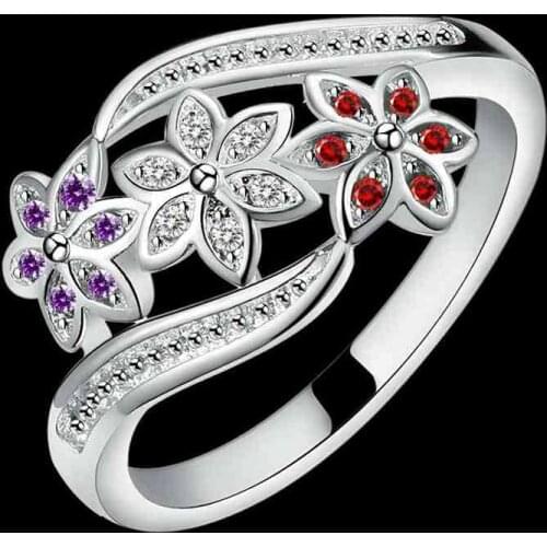 Silver Three Color Rings for Women Flower Multicolor Zircon Ring for Women Fashion Silver Rings Wedding Jewelry Size 7 8 9