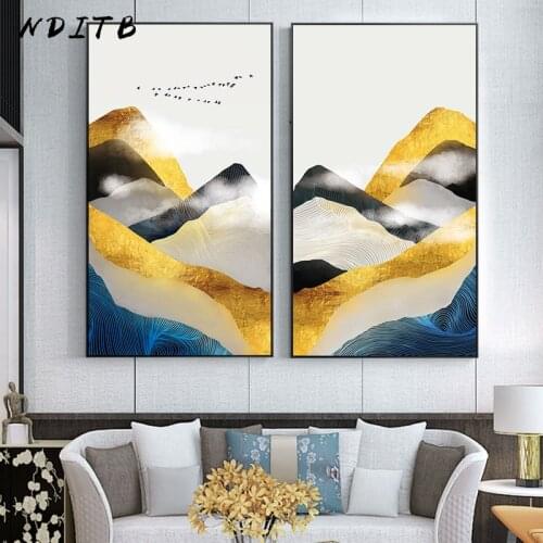 Golden Mountain Abstract Canvas Painting Landscape Artwork Poster Nordic Print Minimalist Wall Art Picture for Living Room Decor