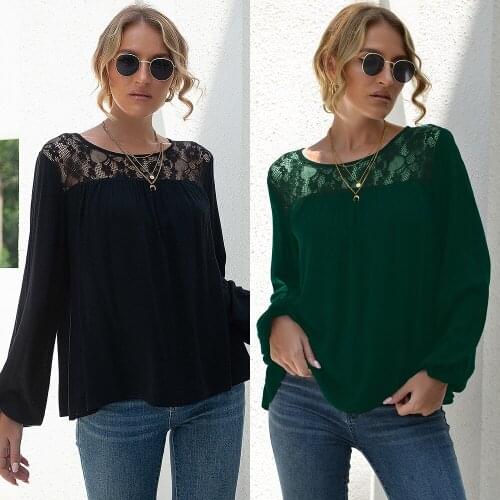 2021 Womens Tops Blouses Lace Patchwork Long Sleeve Women Shirts Office Work Womens Clothing Shirt Blusas Roupa Feminina Shirts