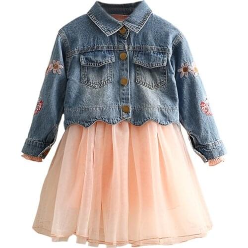 90cm 2 Years Kids 2020 Spring Autumn Denim Jacket With Pocket+Long Sleeve Lace Dress 2 Pieces Set For 18M 24M Baby Girls