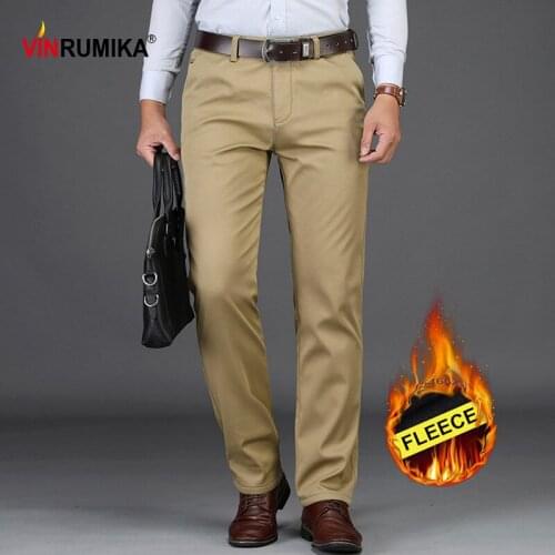 Winter Mens Business Casual Brand Fleece Thicken Warm Cotton Full Pant Army Green Straight Long Trousers Man Black Work Pants