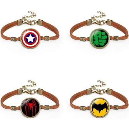 Disney Avengers Characters Captain America Spider-Man Iron Man Hulk Leather Bracelet Pendant Men and Women Jewelry Gift