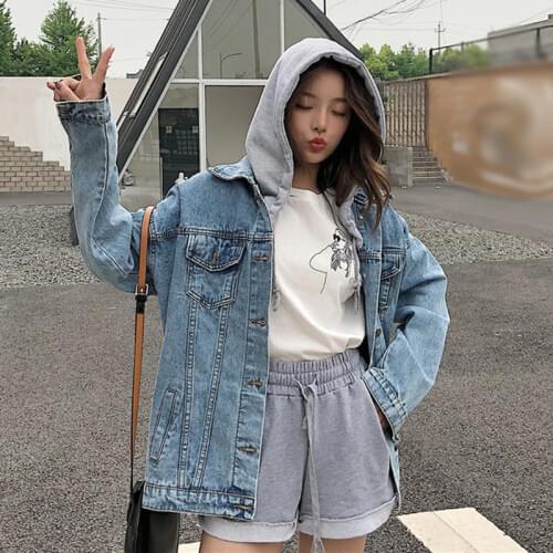 Ladies jeans jackets with a hood harajuku clothing Japanese streetwear style outerwear female jeans jacket women KK2645
