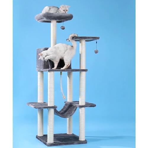 Cat Tree H153cm Multilevel Cat Towers with Luxury Condos Fully Wrapped Sisal Scratching Post Plush Hammock and Dangling Balls