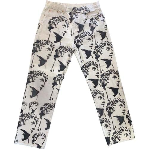 New Printed Statuary Jeans Loose Straight Men Denim Biker Casual Pants Hip Hop Man Jean Hombre Pantalon Artistic Work Size S-3XL