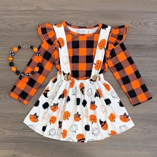Girls Fall clothes Children Halloween Outfits with Pumpkin Ghost Print Ruffle Raglan Top Kids Boutique Clothing Costume D1360