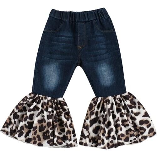 2-7 Years Little Girls' Flare Pants Elastic Waist Leopard Print Boot Cut Denim Long Trousers with Pocket