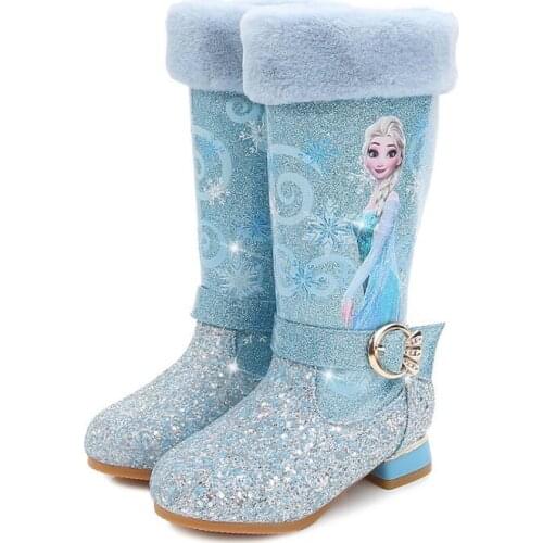 Disney Winter Frozen Kids Boot Girls Cute Sweet Cartoon Elsa Knee Boots Children Girl Student Anti-slip Snow Boots