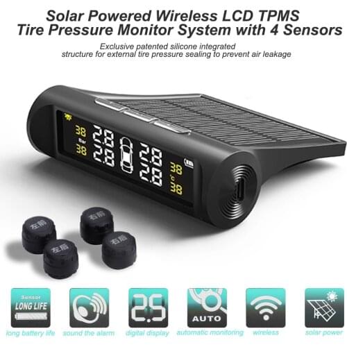 Solar Car TPMS LCD Display Auto Tire Pressure Monitoring Tyre Temperature Alarm Warning System with 4 External/Internal Sensors