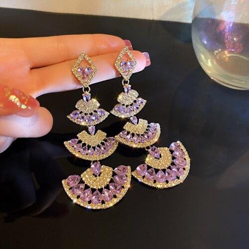 Vintage Purple Crystal Drop Crystal Earrings for Women Oversize Long Sector Geometric Dangle Earrings Statement Jewelry