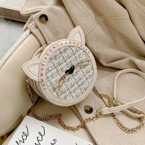 2021 new spring and summer all-match one-shoulder messenger bag small bag fashion chain cat small round bag female