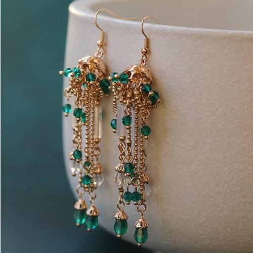 Ethnic Hanfu Women Long Gold Dangle Earrings Vintage Palace Lantern Crystal Stone Tassel Earrings For Wedding Party Jewelry